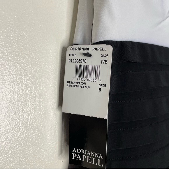 Adrianna Papell Sheath Dress Cowl Neck Drapey Shoulder New Black White Size 6 - Picture 9 of 11